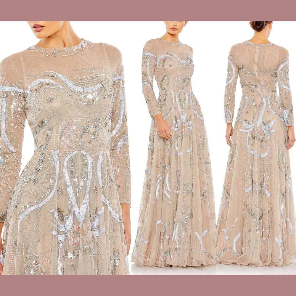 NWT $798 Mac Duggal [ 8 ] 5217‎ Long Sleeve Embellished Illusion Gown Nude